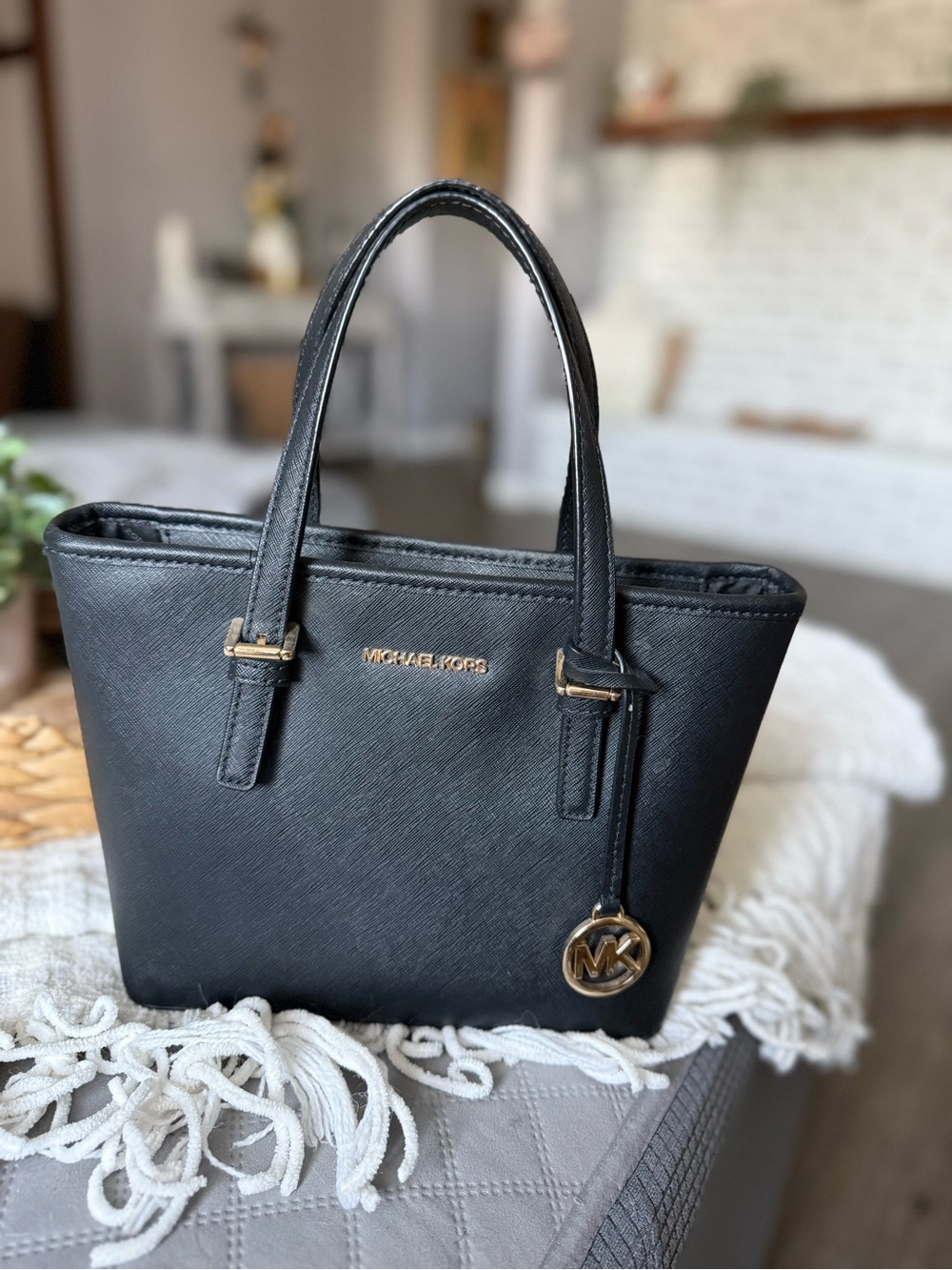 Michael Kors Black Saffiano Tote with Gold Hardware